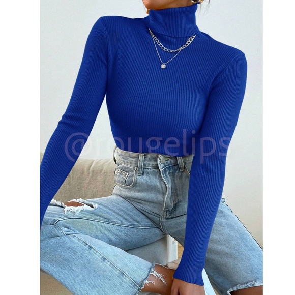 Blue Sweater Top Rib-Knit High Neck Turtleneck Long Sleeve - Picture 1 of 8